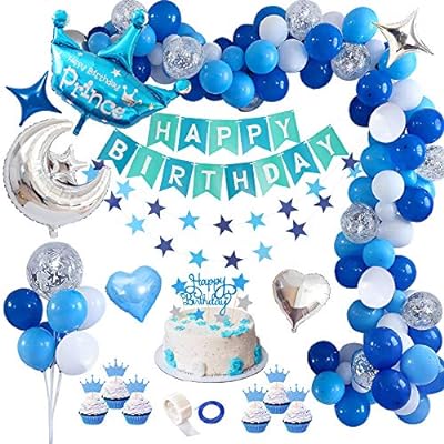 AYUQI Decoración de Cumpleaños con Adorno de Pastel de Bricolaje, Azul Pancarta de Feliz Cumpleaños con Blanco Globos, Globos Papel de Aluminio Corazón Estrella, Decoraciones para Cumpleaños